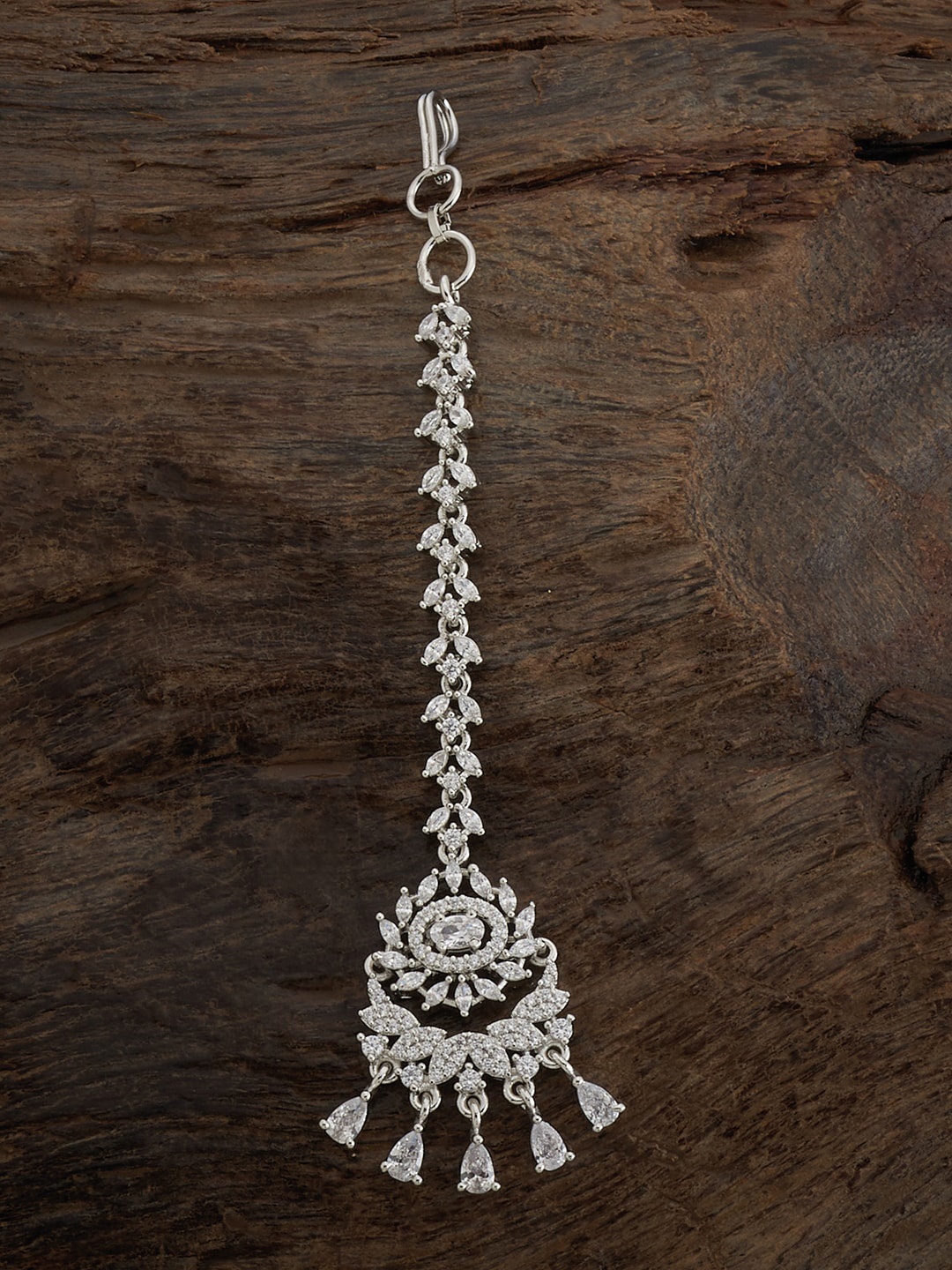 

Kushal's Fashion Jewellery Rhodium-Plated CZ Stone-Studded Maang Tikka, Silver