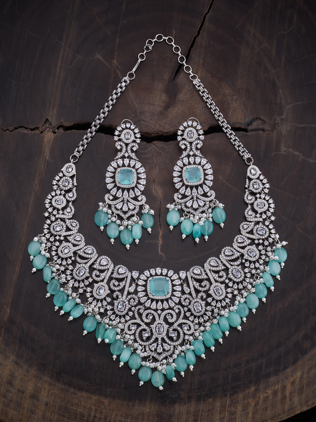 

Kushal's Fashion Jewellery Rhodium-Plated Zircon-Studded & Beaded Jewellery Set, Silver