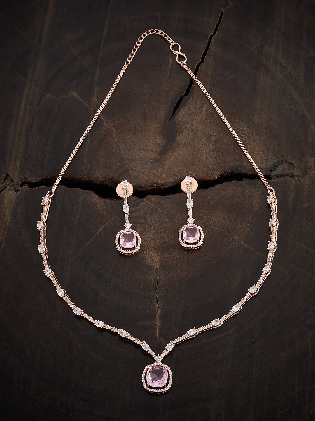 

Kushal's Fashion Jewellery Rose-Gold-Plated CZ-Studded Necklace & Earrings