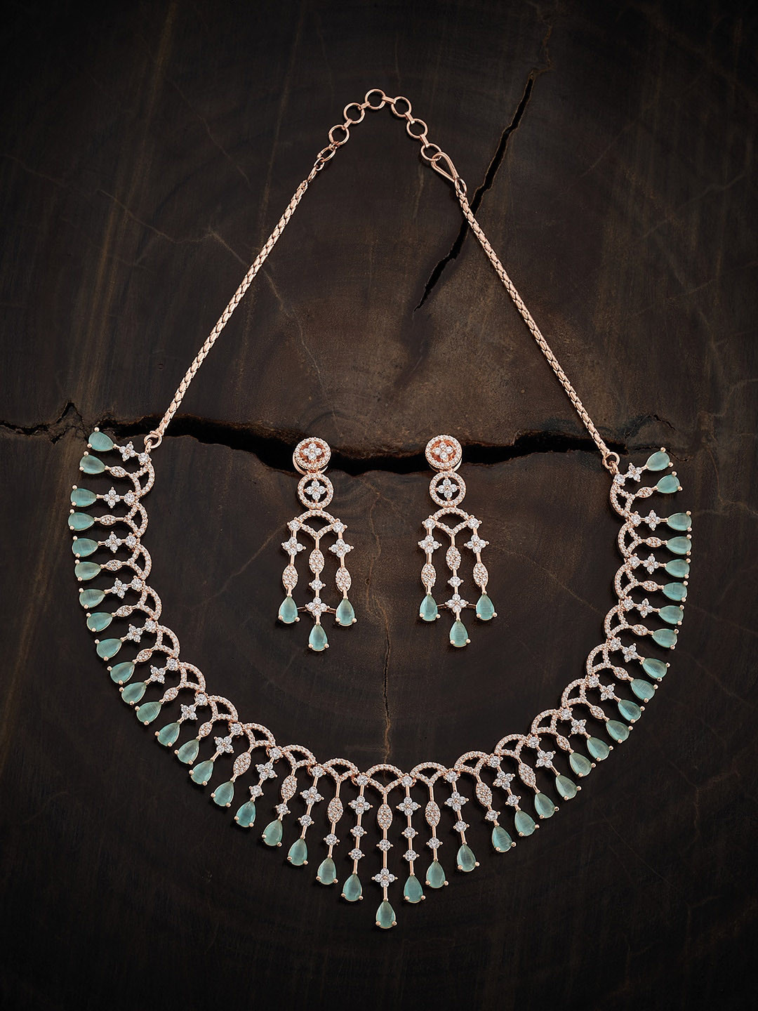 

Kushal's Fashion Jewellery Rose Gold Plated & Zircon Studded Jewellery Set, Sea green