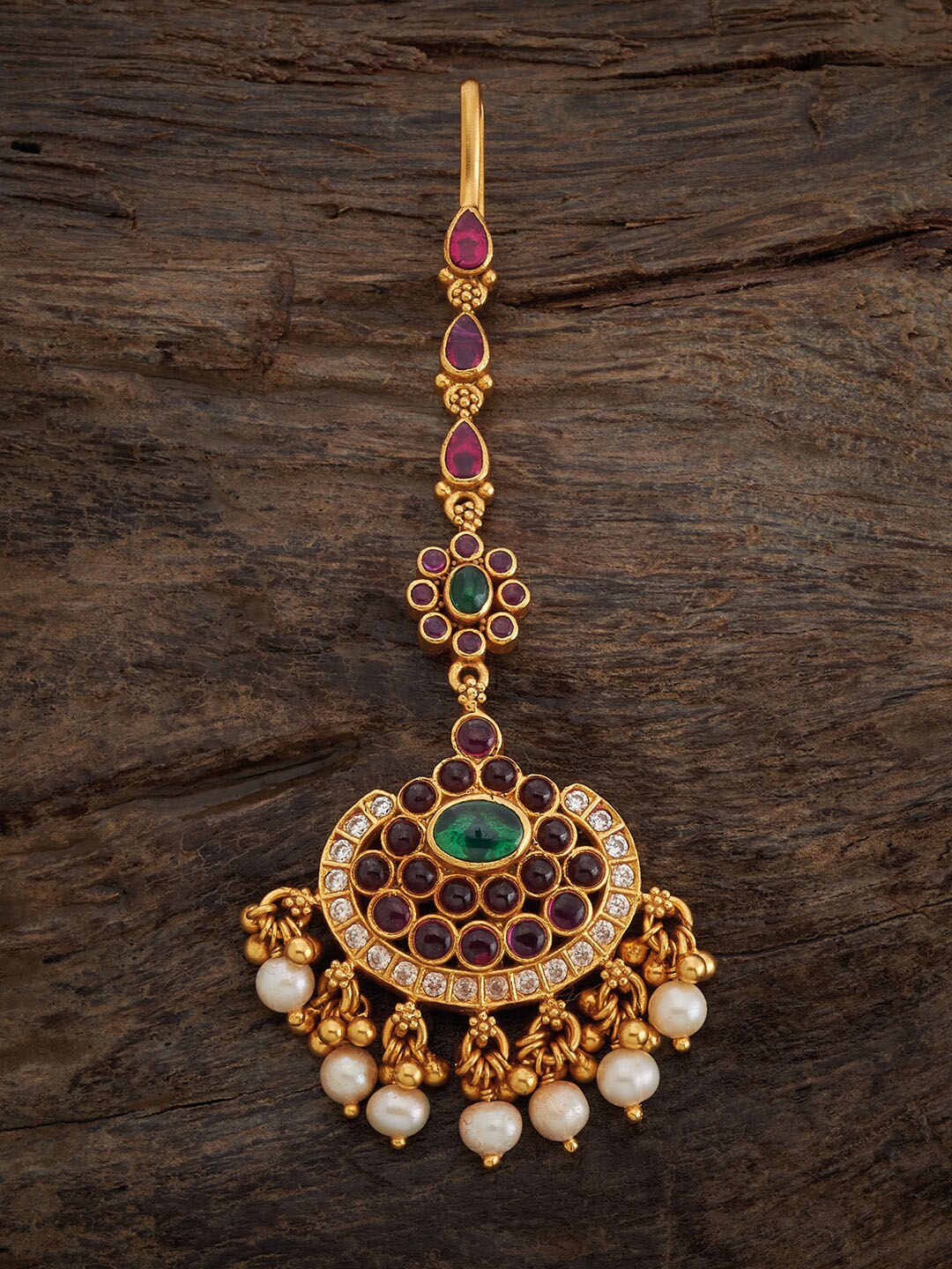 

Kushal's Fashion Jewellery Stones Studded&Pearls Beaded 92.5 Pure Silver Temple Maangtikka, Gold