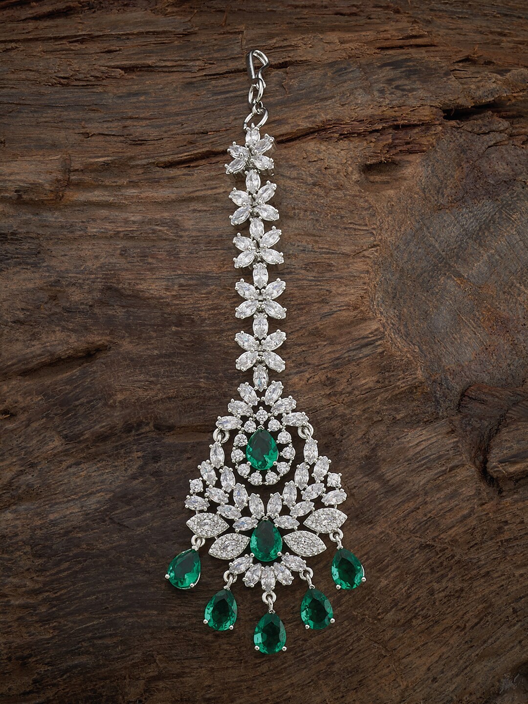 

Kushal's Fashion Jewellery Rhodium-Plated Zircon Stone Studded Maang Tikka, Silver
