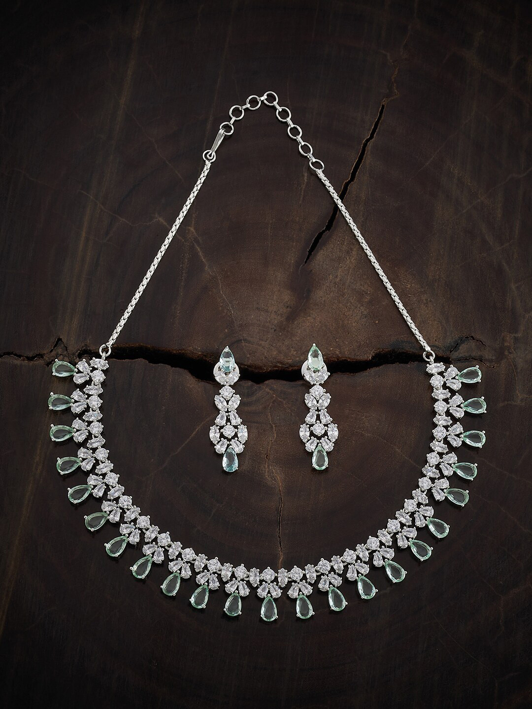

Kushal's Fashion Jewellery Rhodium-Plated Cubic Zirconia-Studded Necklace And Earrings, Sea green