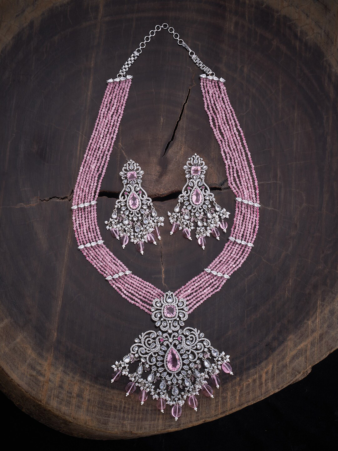 

Kushal's Fashion Jewellery Rhodium-Plated CZ-Studded & Beaded Jewellery Set, Silver