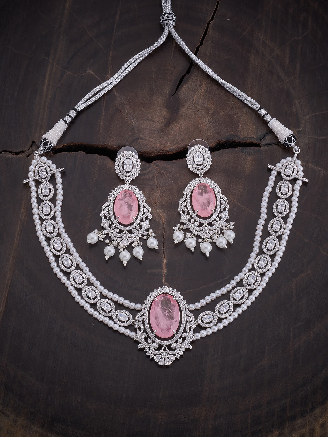 

Kushal's Fashion Jewellery Rhodium-Plated CZ Studded Jewellery Set, Silver