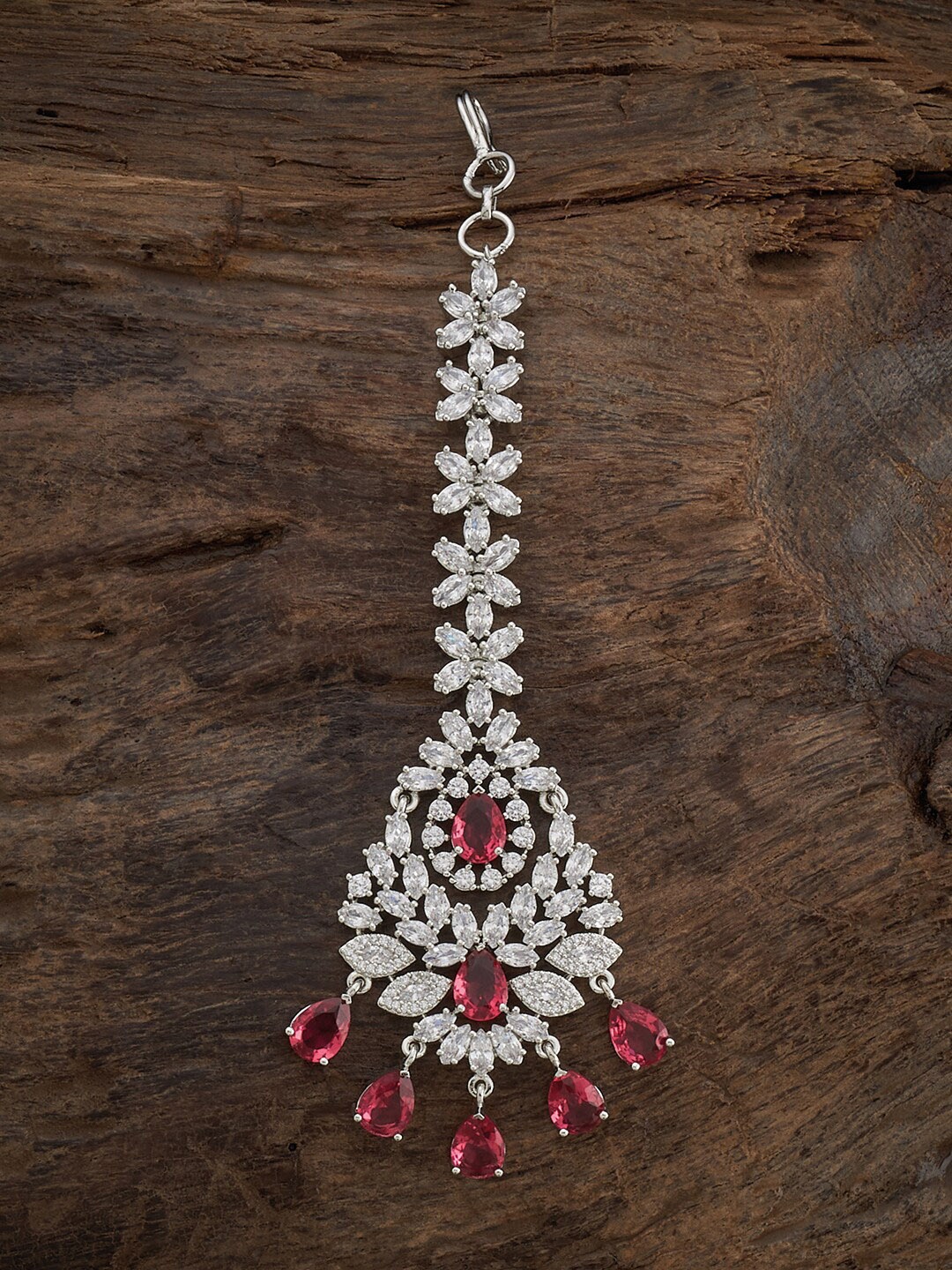

Kushal's Fashion Jewellery Rhodium-Plated CZ-Studded Maang Tikka, Red