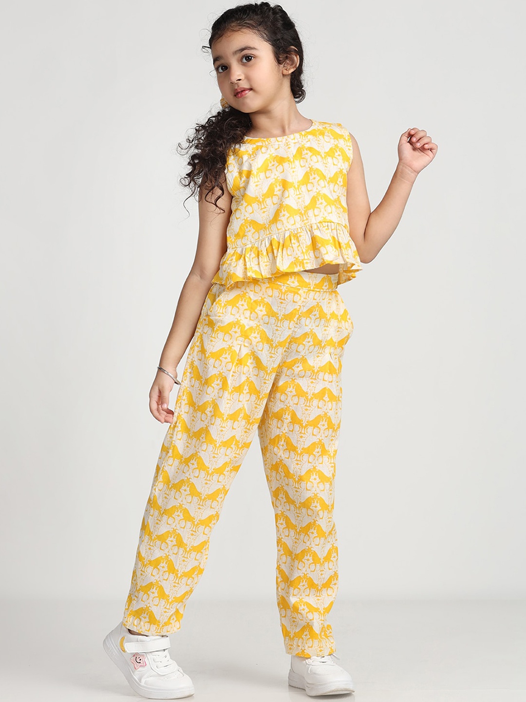 

STORY TAILOR Printed Pure Cotton Crop Top With Trousers, Yellow