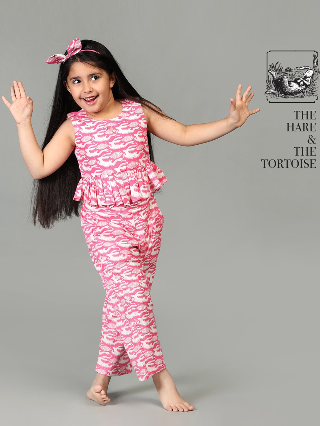 

STORY TAILOR Printed Pure Cotton Crop Top With Trousers, Pink