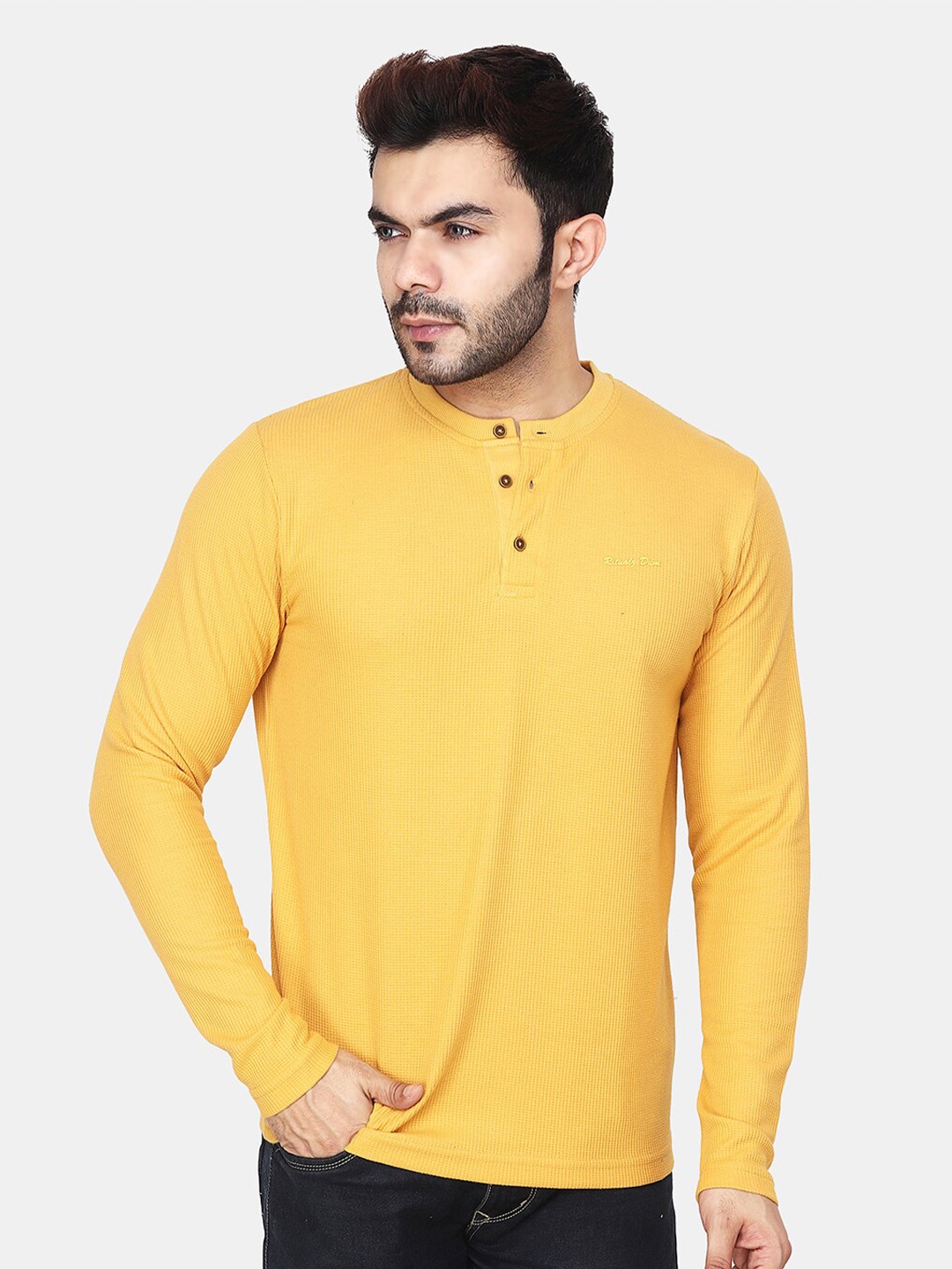 

Steele Slim Fit Henley Neck Pure Cotton T-shirt, Mustard