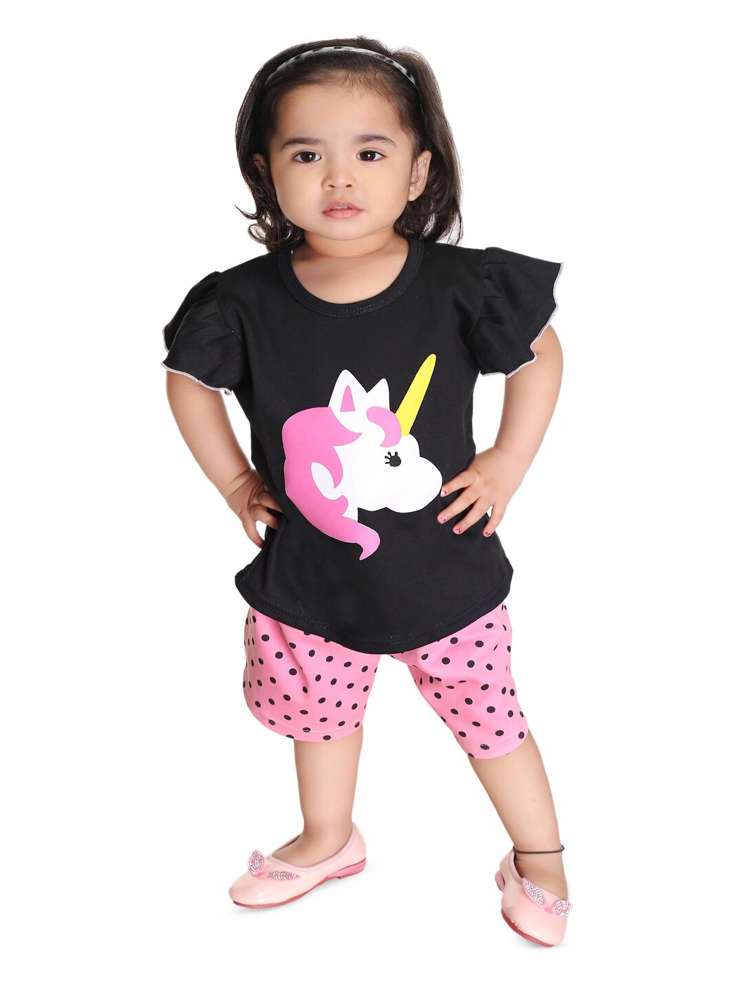 

BAESD Girls Printed Pure Cotton T-shirt With Shorts, Black
