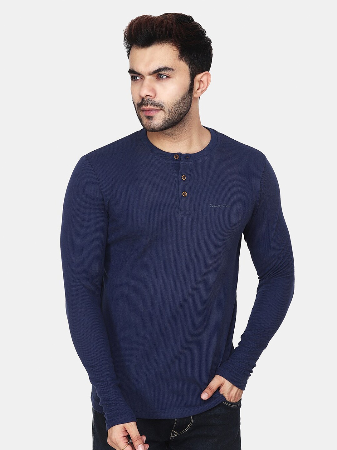 

Steele Slim Fit Henley Neck Pure Cotton T-shirt, Blue