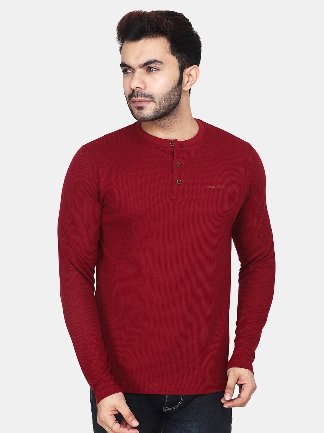 

Steele Slim Fit Henley Neck Cotton T-shirt, Maroon