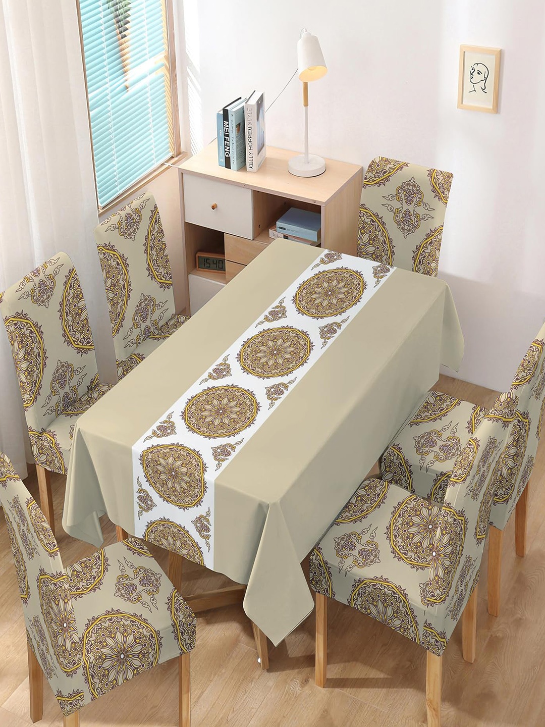 

HOKIPO Camel Brown 7 Pieces Printed Chair Covers & Table Cloth