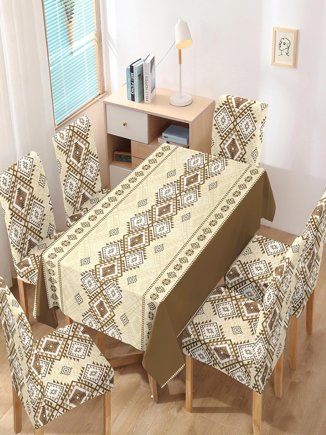 

HOKIPO Brown & White 7 Pieces Printed Chair Covers & Table Cloth