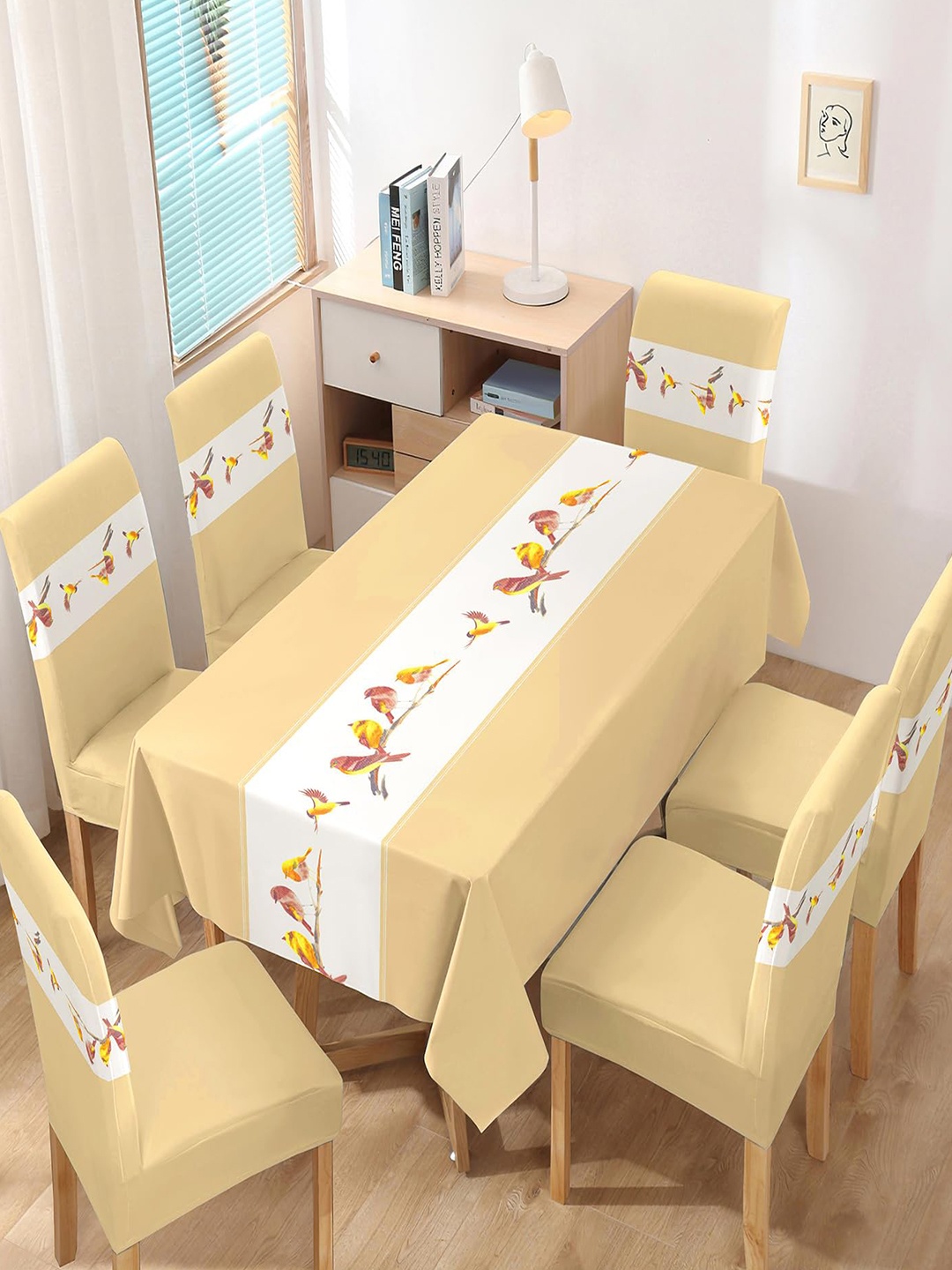 

HOKIPO 7 Pieces Printed Chair Covers With Table Cover, Beige