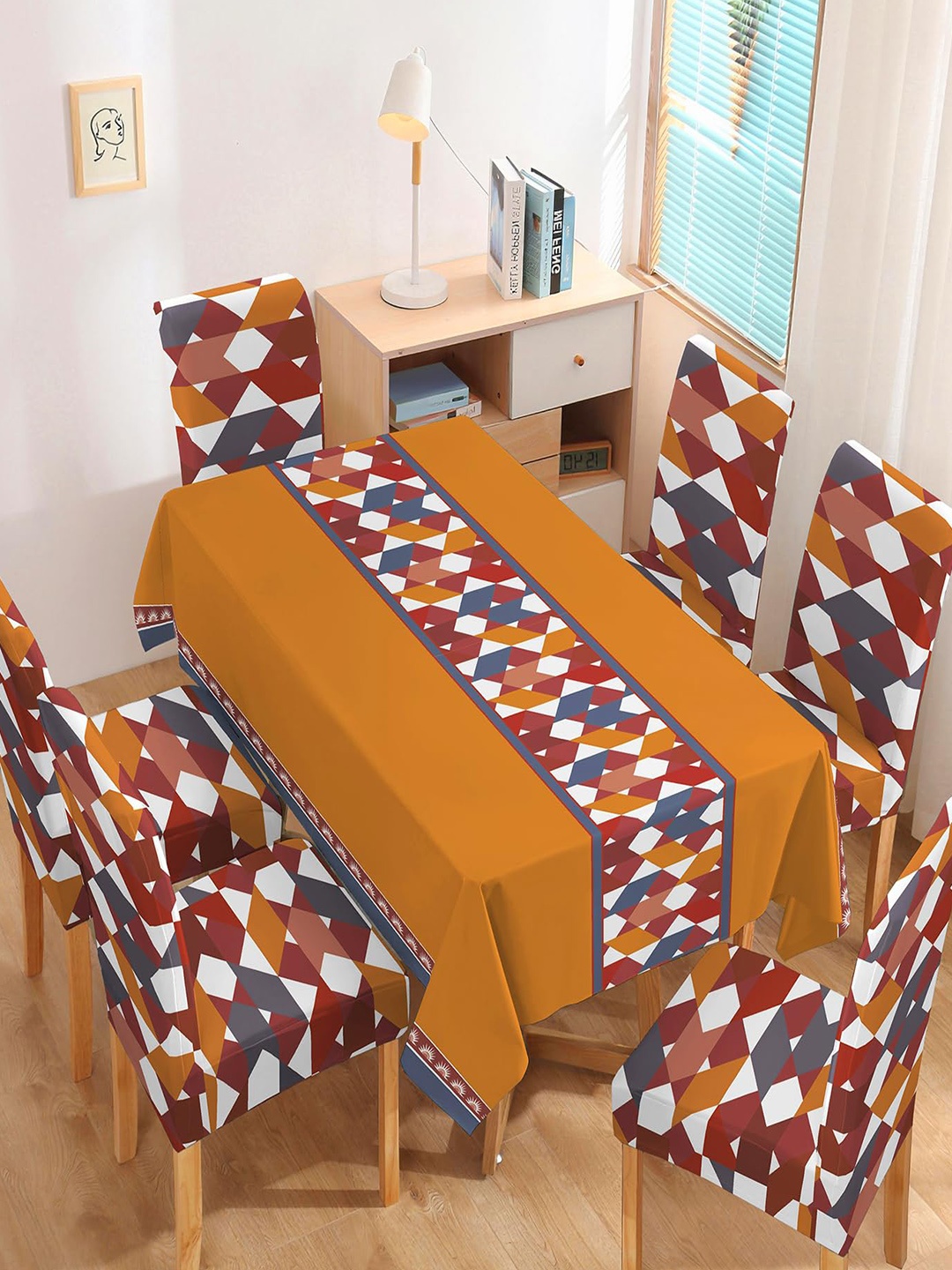 

HOKIPO 7 Pcs Brown & White Printed Chair Covers & Table Cloth