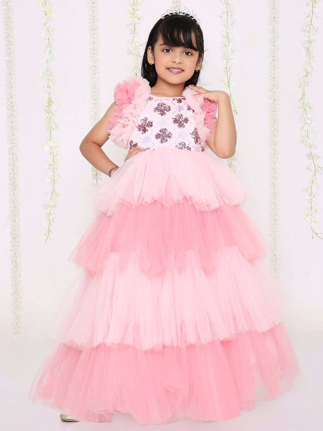 

KID1 Girls Embellished Flutter Sleeve Layered & Sequined Tulle Gown, Pink