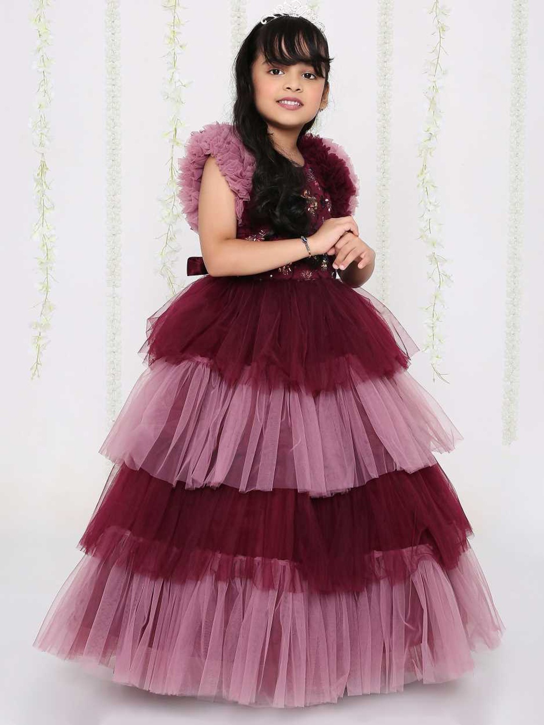 

KID1 Girls Embellished Flutter Sleeve Layered & Sequined Tulle Gown, Purple