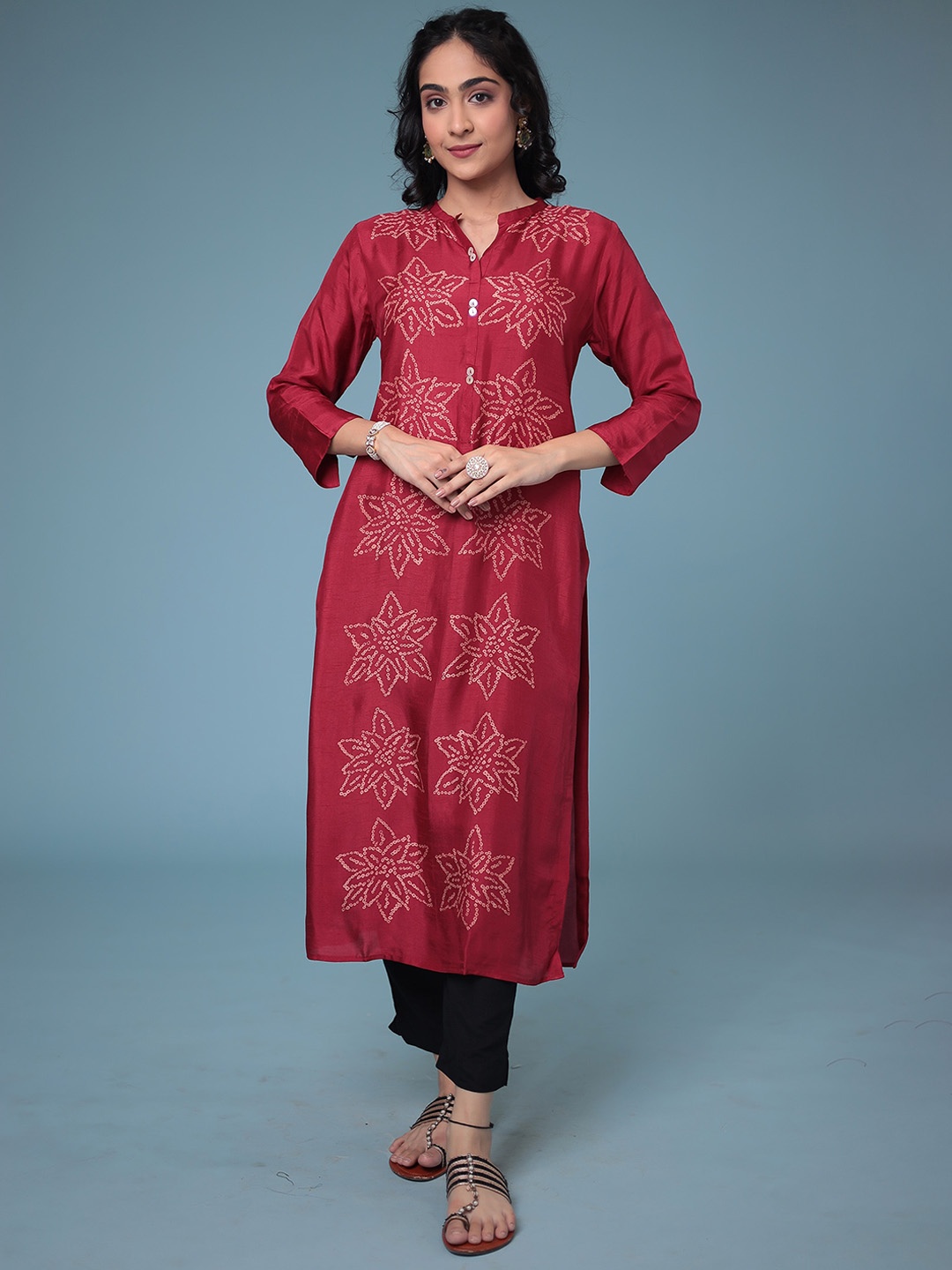 

ZARI Bandhani Printed Mandarin Collar Cotton Silk Kurta, Red