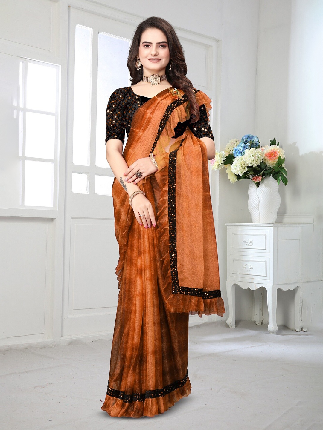 

APNISHA Embellished Party Wear Saree, Orange