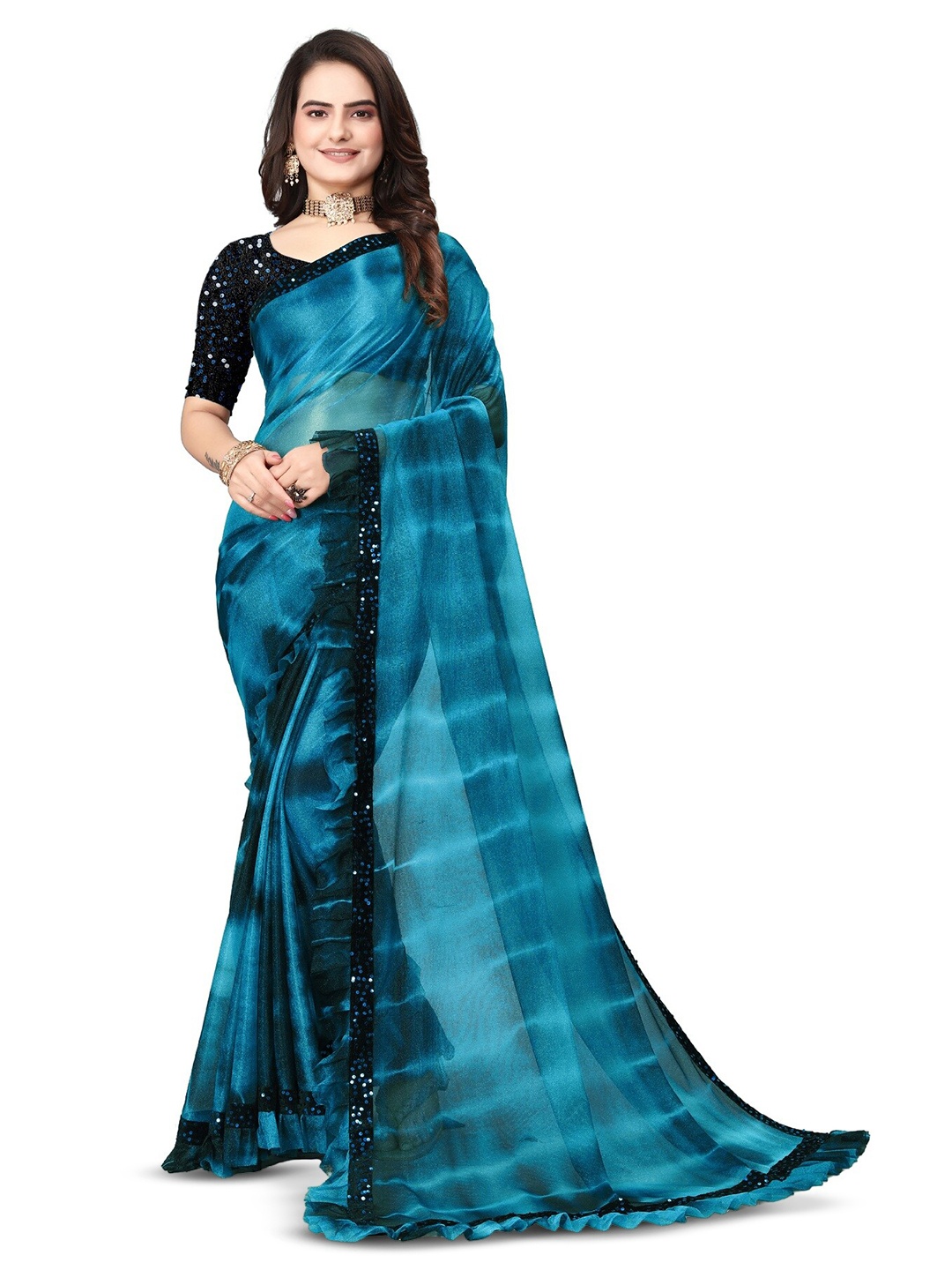 

APNISHA Sequinned Embroidered Lycra Saree, Blue