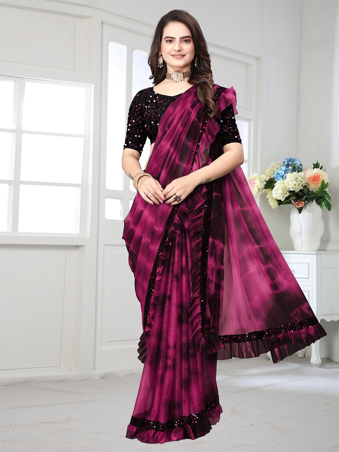 

APNISHA Squence Embroidered Lycra Ruffles Saree, Magenta