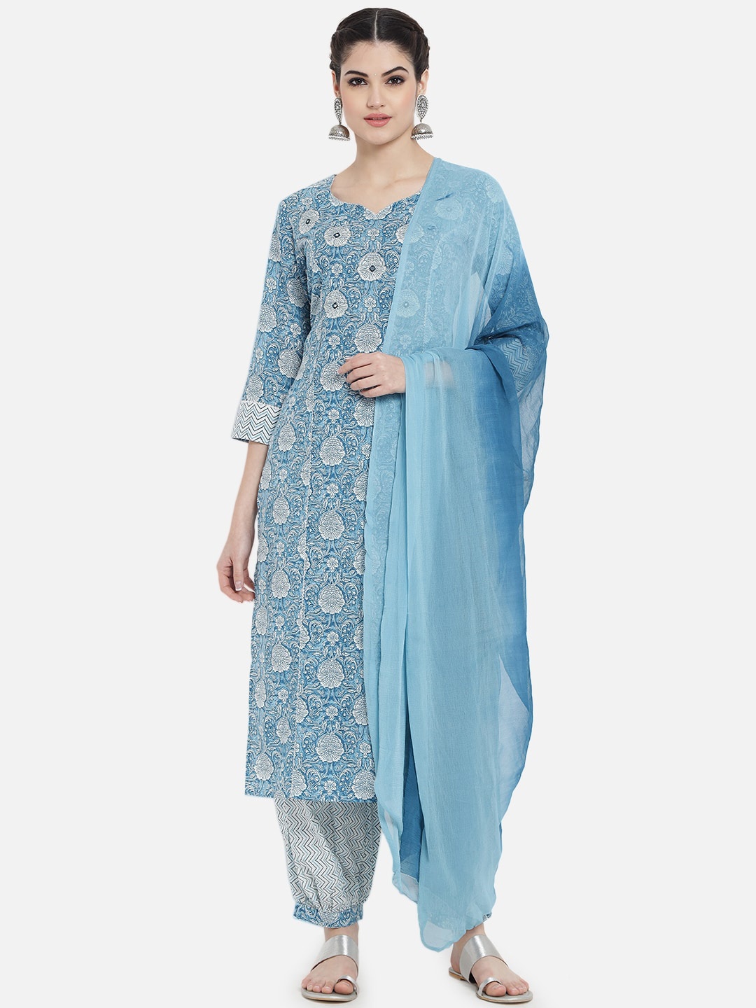

KALINI Floral Printed Gotta Patti Detail Pure Cotton Straight Kurta & Salwar With Dupatta, Blue