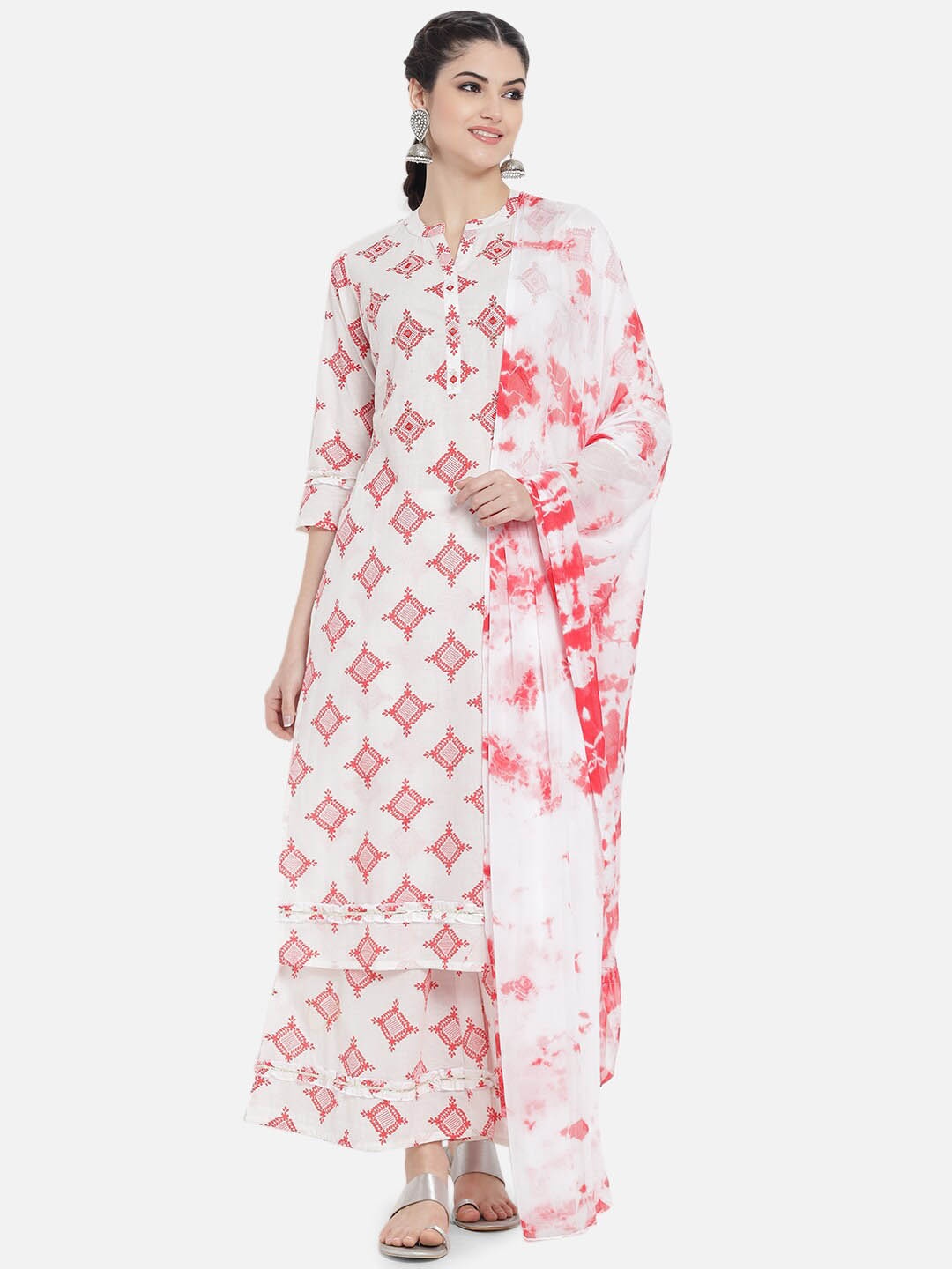 

KALINI Ethnic Motifs Printed Thread Work Cotton Straight Kurta & Palazzos With Dupatta, White