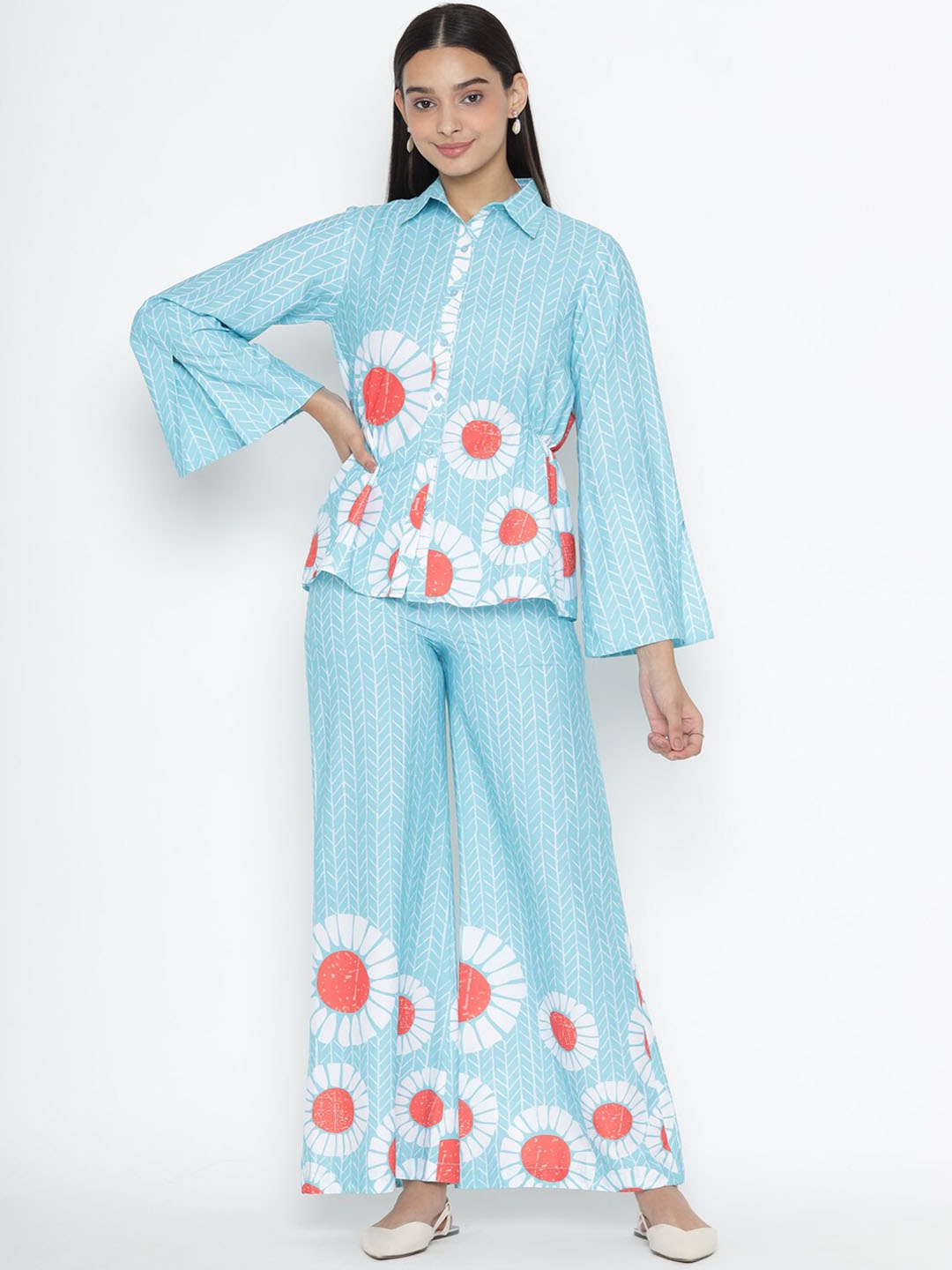 

OCTICS Floral Printed Shirt Collar Neck Top With Flared Palazzos, Blue