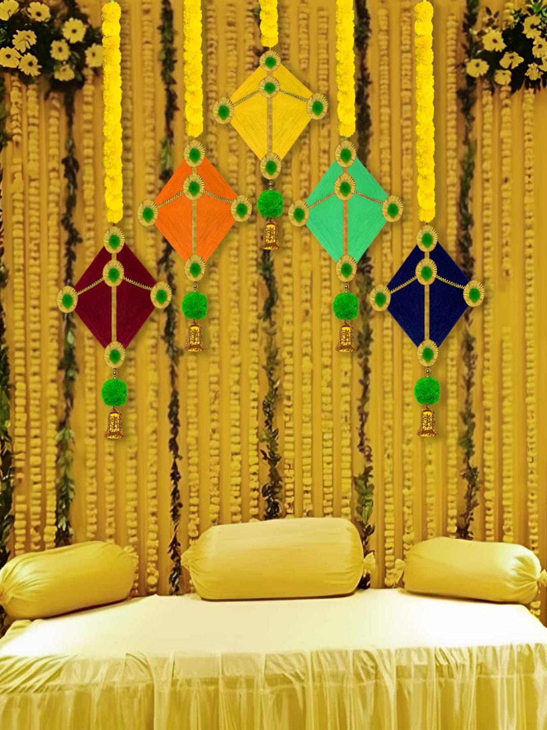 

iHandikart Yellow 5 Pieces Hanging Marigold With Kite In Bottom Garland Artificial Flower