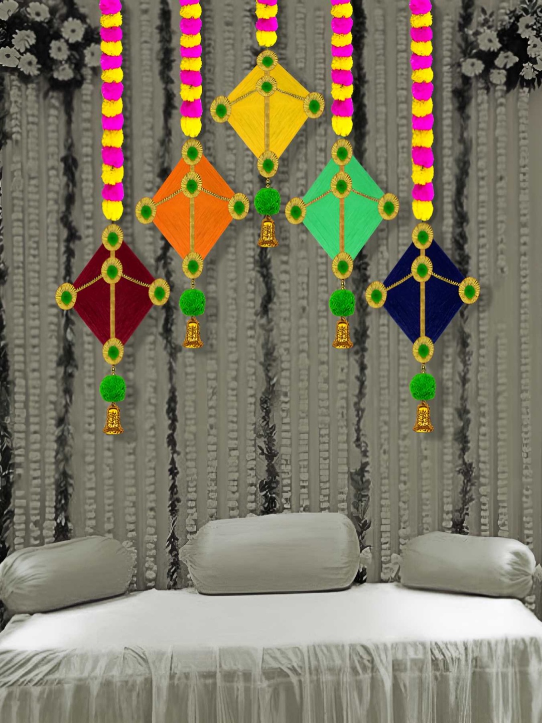 

iHandikart Yellow 2 Pieces Hanging Marigold With Kite In Bottom Garland Artificial Flower
