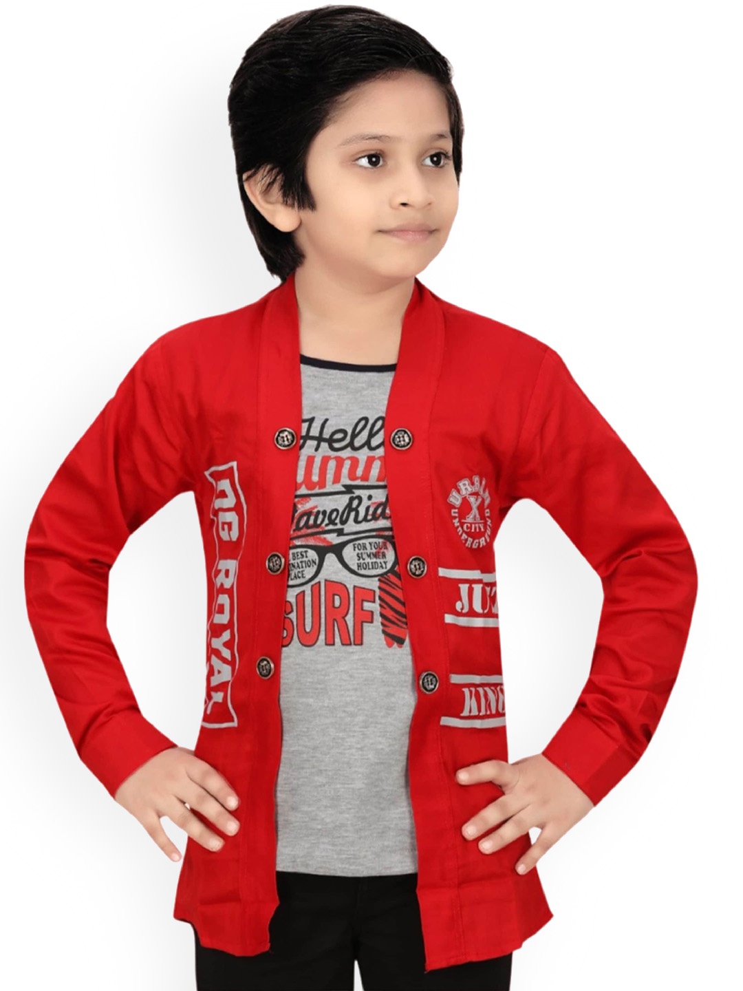 

BAESD Boys Typography Printed Collarless Lightweight Open Front Jacket, Red