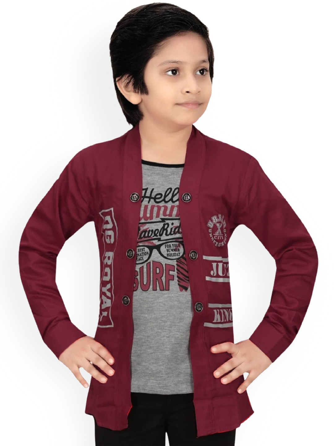 

BAESD Boys Typography Printed Lightweight Open Front Jacket With Attached T-shirt, Maroon