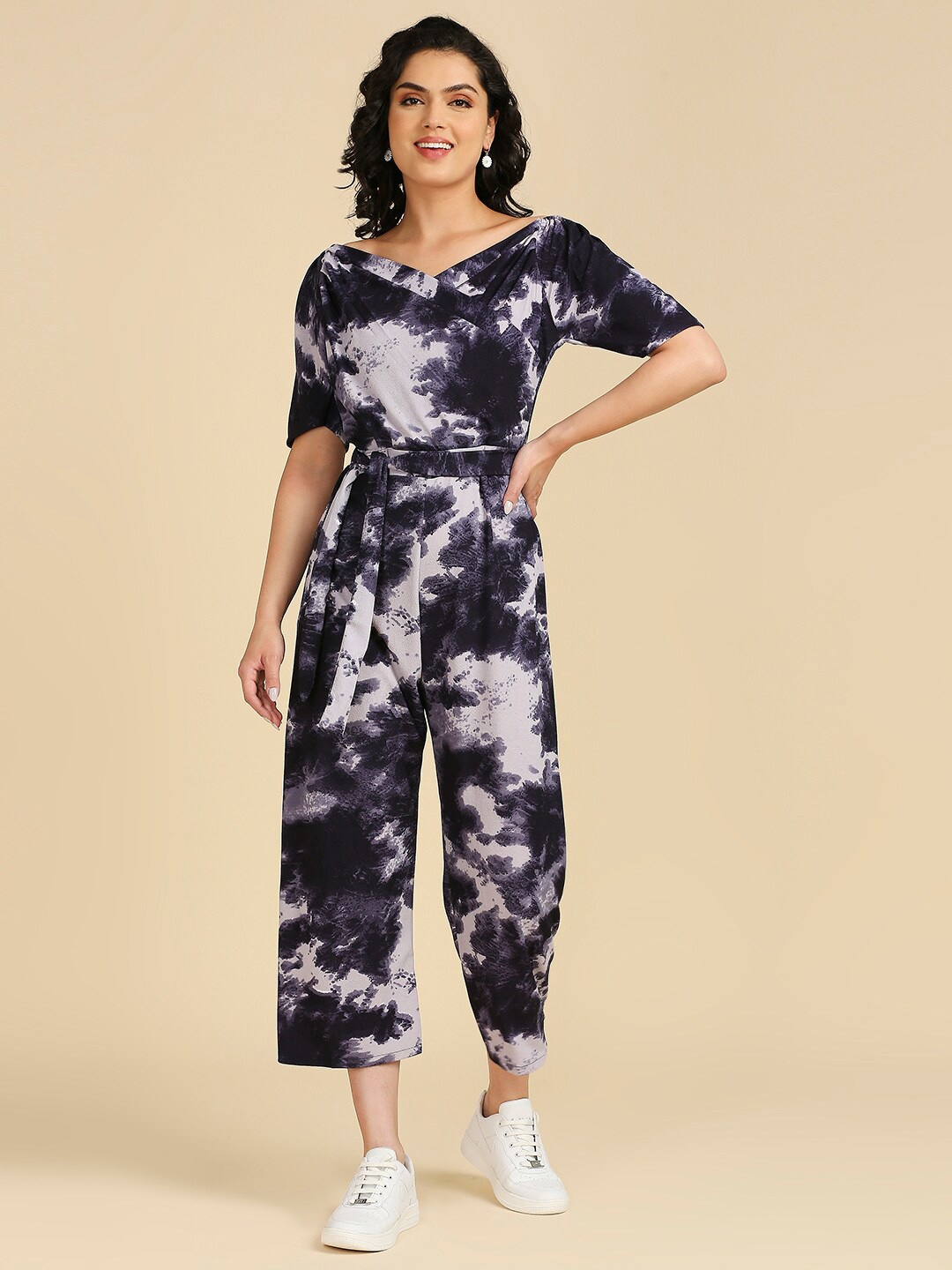 

GUFRINA Abstract Printed Waist Tie-Ups Basic Jumpsuit, Black