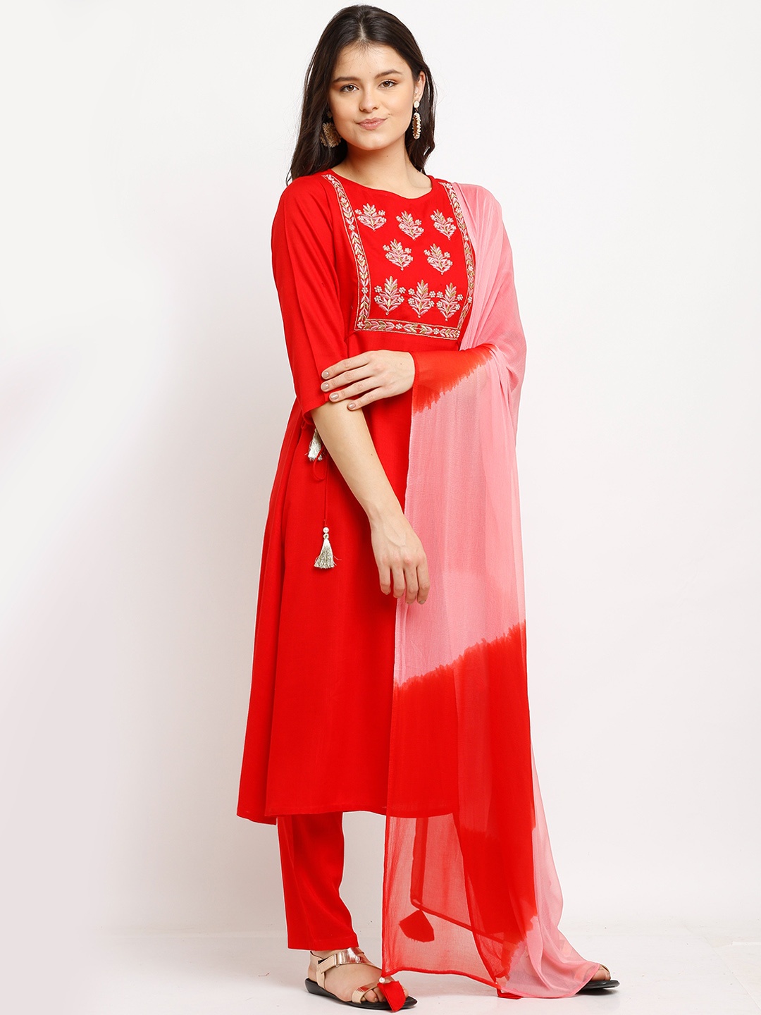 

Roly Poly Ethnic Motifs Yoke Design Thread Work A-Line Kurta & Trouser With Dupatta, Red