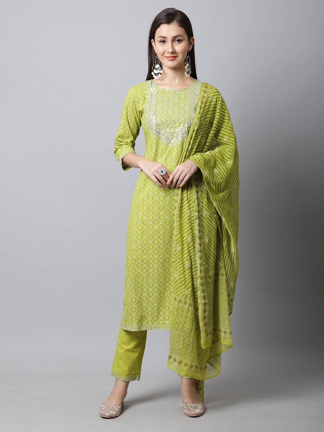 

Roly Poly Ethnic Motifs Printed Pure Cotton Straight Kurta & Trouser With Dupatta, Green