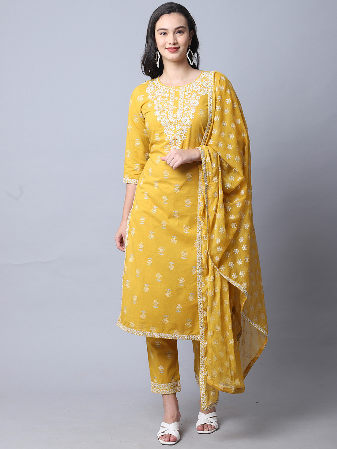

Roly Poly Ethnic Printed Regular Thread Work Pure Cotton Kurta With Trousers & Dupatta, Yellow