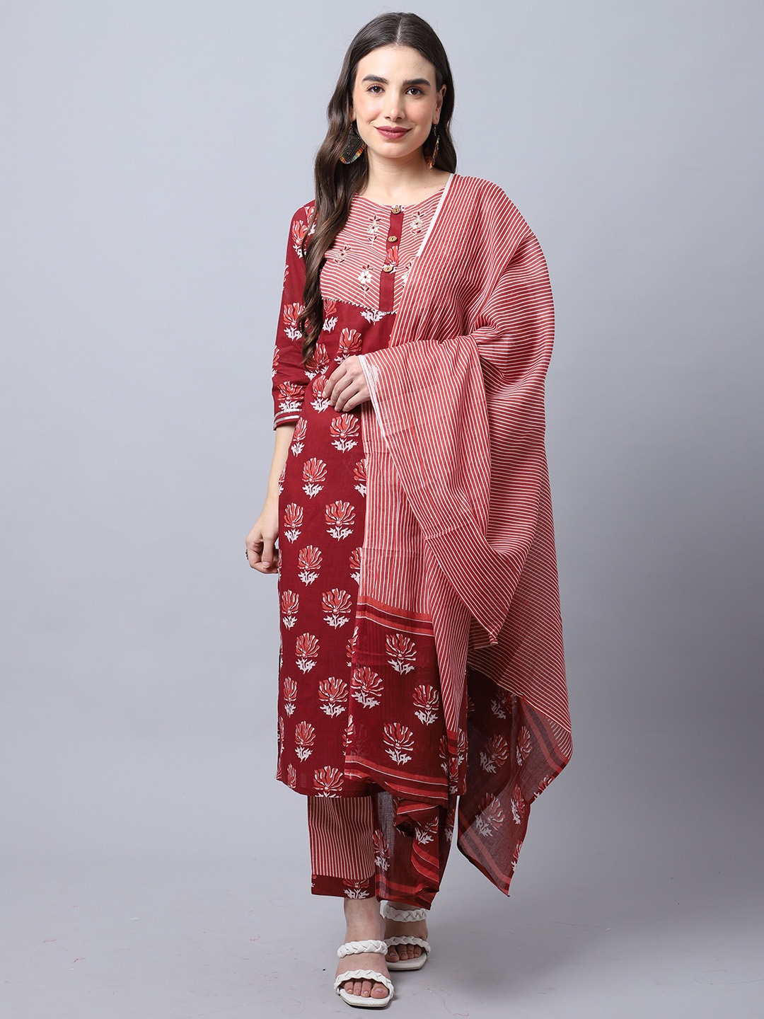 

Roly Poly Floral Printed Thread Work Pure Cotton Kurta with Trousers & With Dupatta, Brown