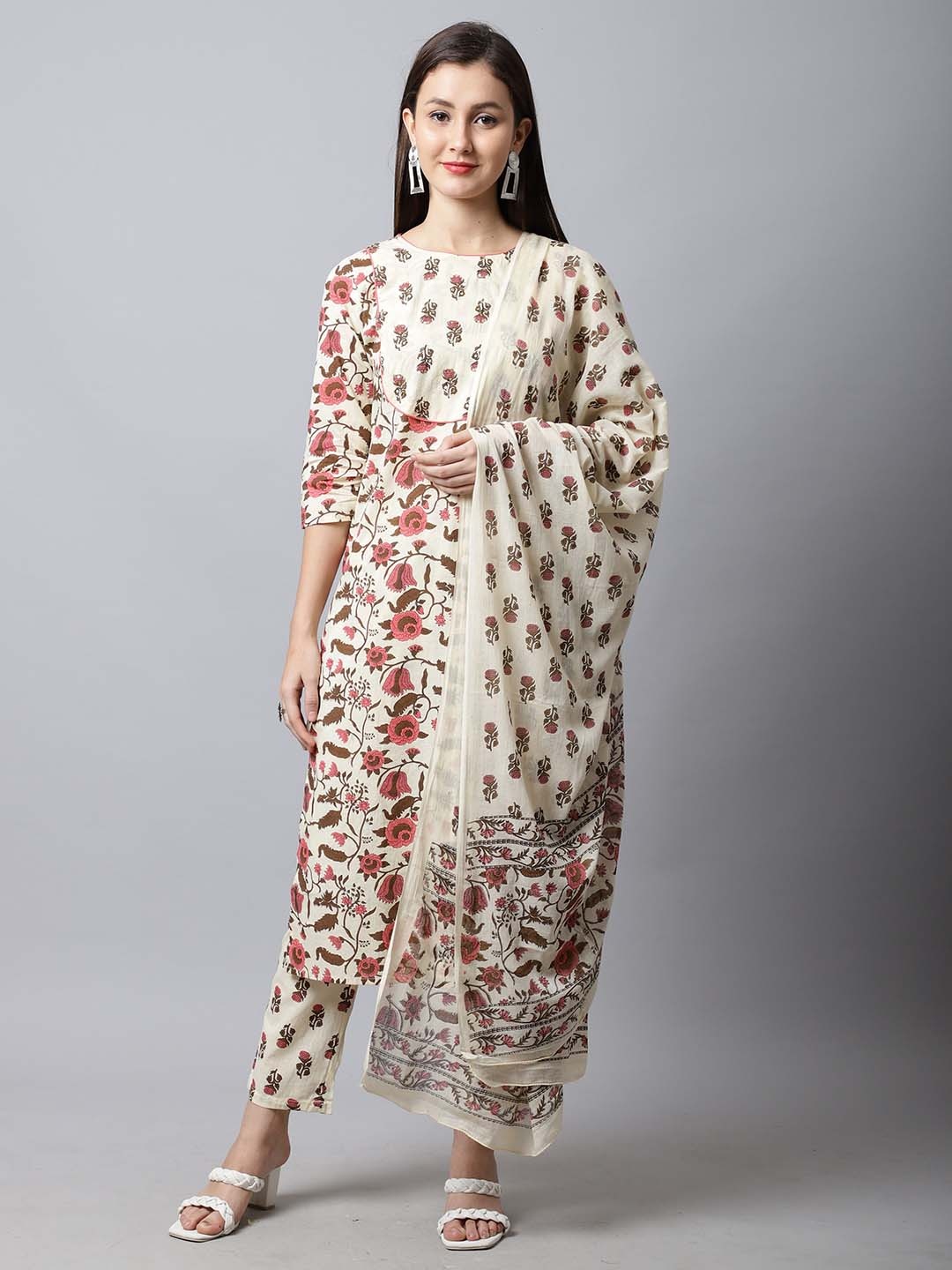 

Roly Poly Floral Printed Regular Sequinned Pure Cotton Kurta With Trousers & Dupatta, Beige