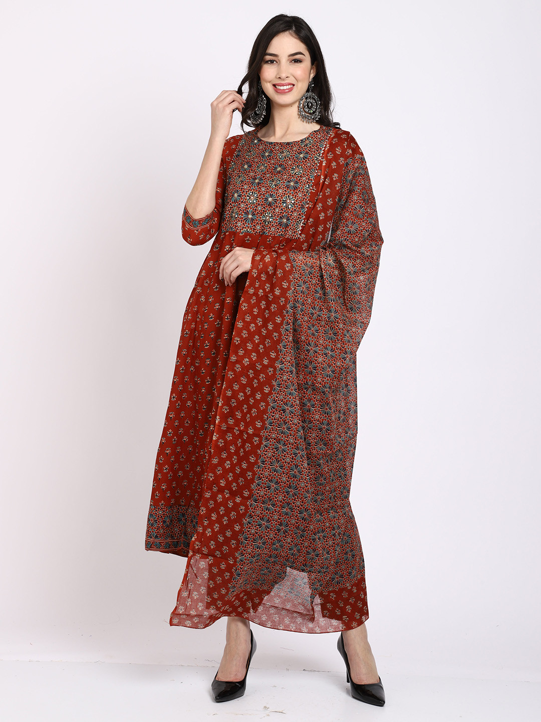 

Roly Poly Ethnic Motifs Printed Thread Work Pure Cotton Kurta With Trousers & Dupatta, Maroon