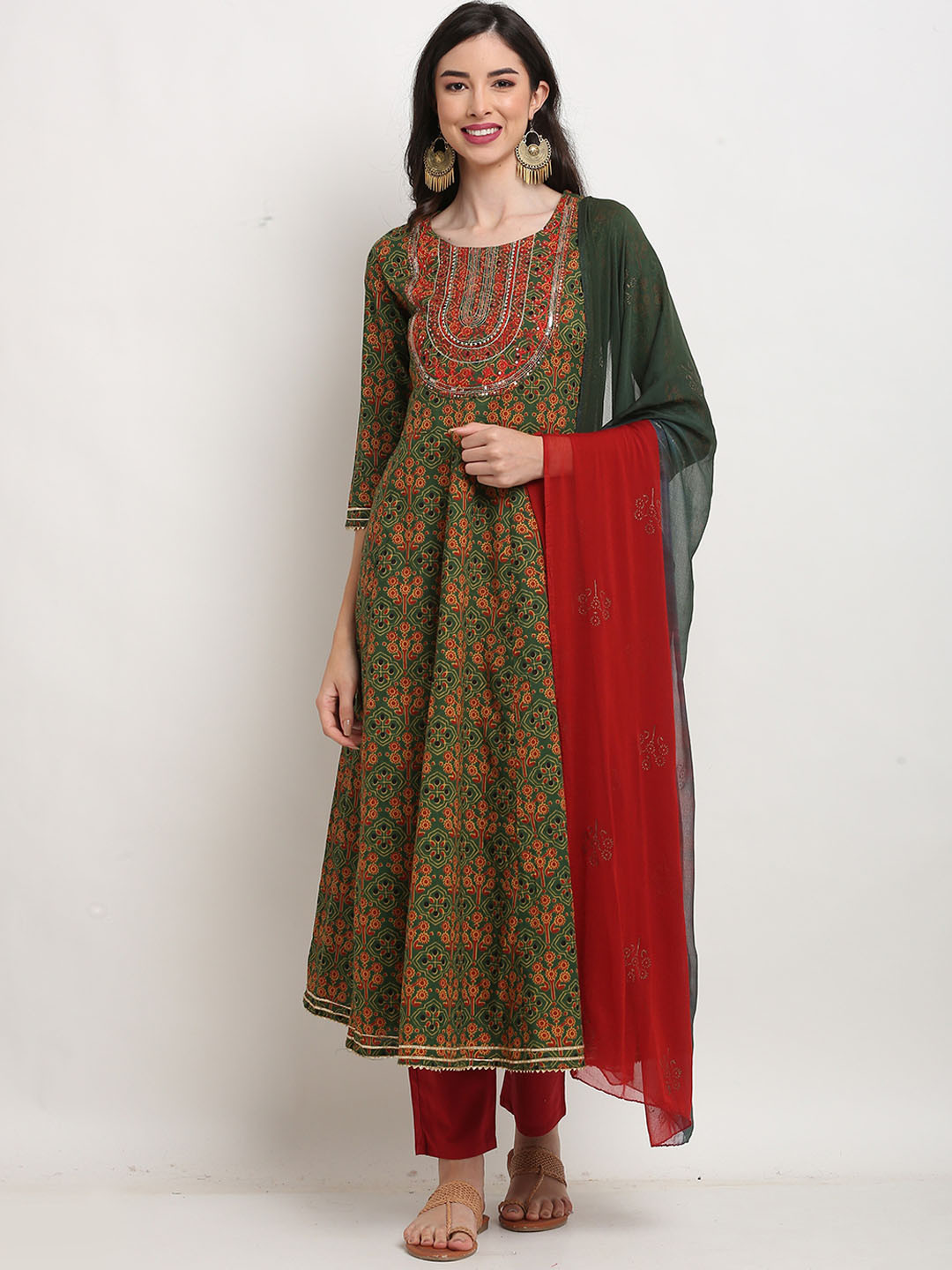 

Roly Poly Ethnic Motifs Printed Sequinned Pure Cotton Kurta With Trousers & Dupatta, Green