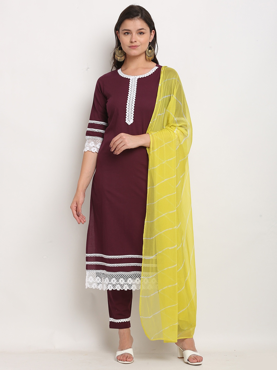 

Roly Poly Round Neck Regular Pure Cotton Kurta With Trousers & Dupatta, Burgundy