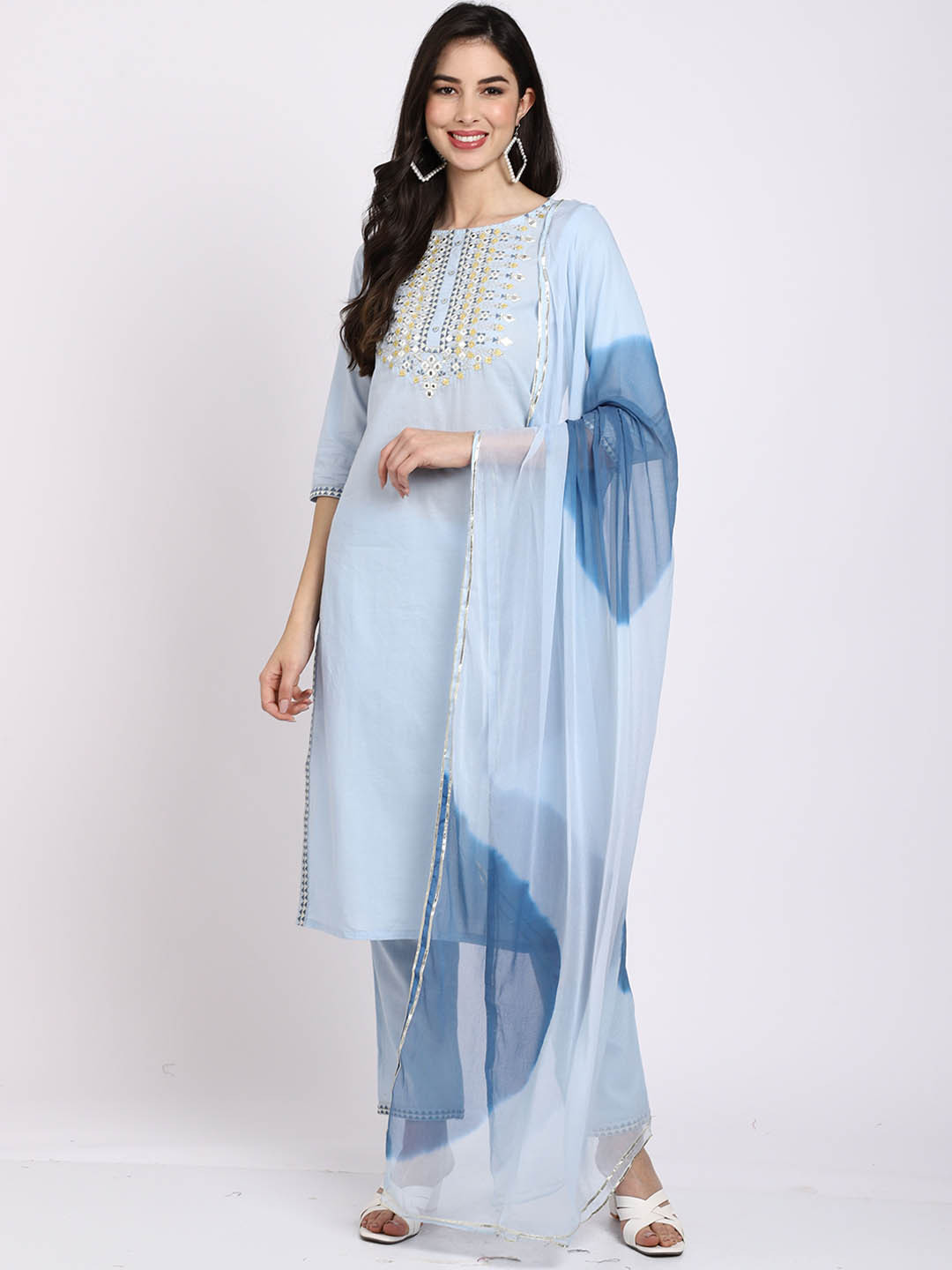 

Roly Poly Ethnic Motifs Yoke Design Pure Cotton Straight Kurta & Trouser With Dupatta, Blue