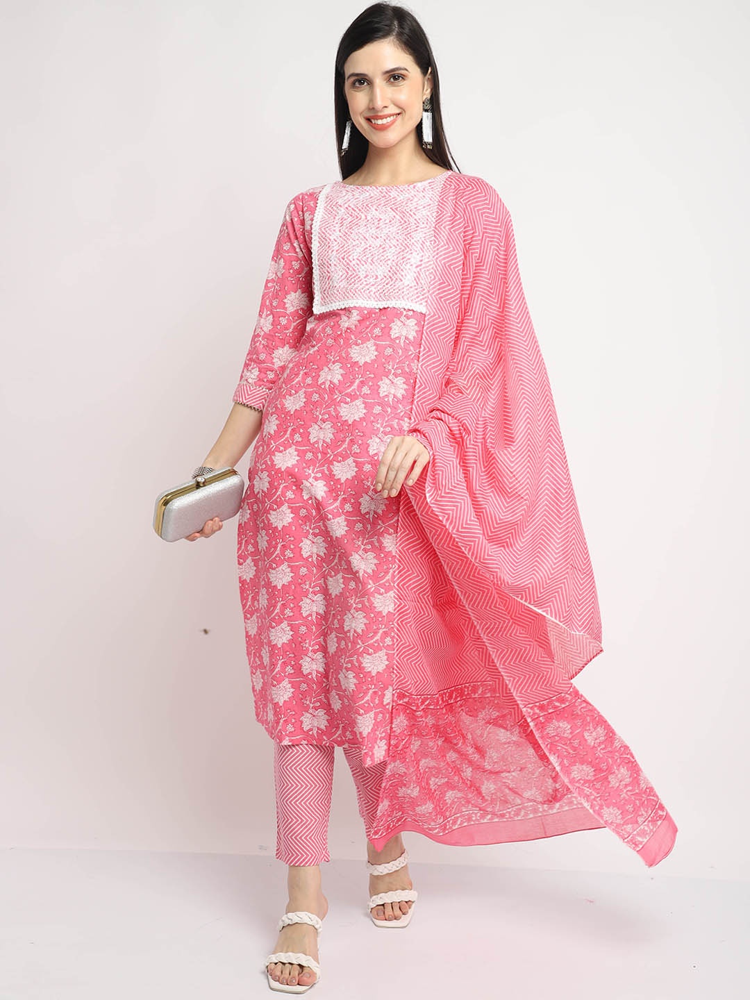 

Roly Poly Ethnic Motifs Printed Thread Work Pure Cotton Kurta & Trousers With Dupatta, Pink