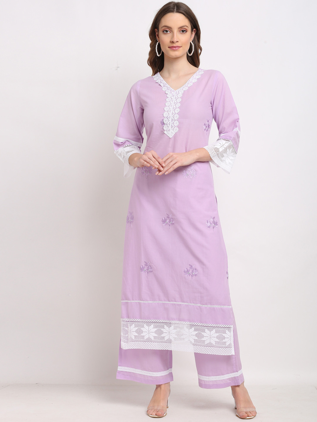 

Roly Poly Floral Embroidered Thread Work Pure Cotton Kurta With Palazzos & Dupatta, Purple