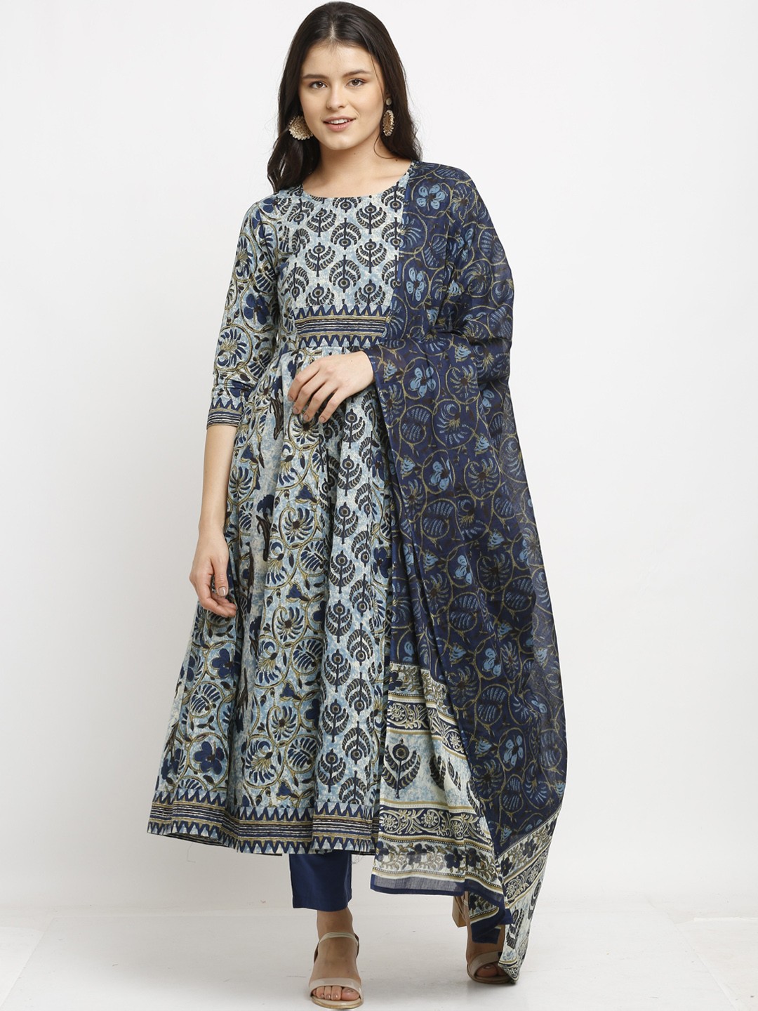 

Roly Poly Ethnic Motifs Printed Pure Cotton A Line Kurta With Trousers & Dupatta, Blue