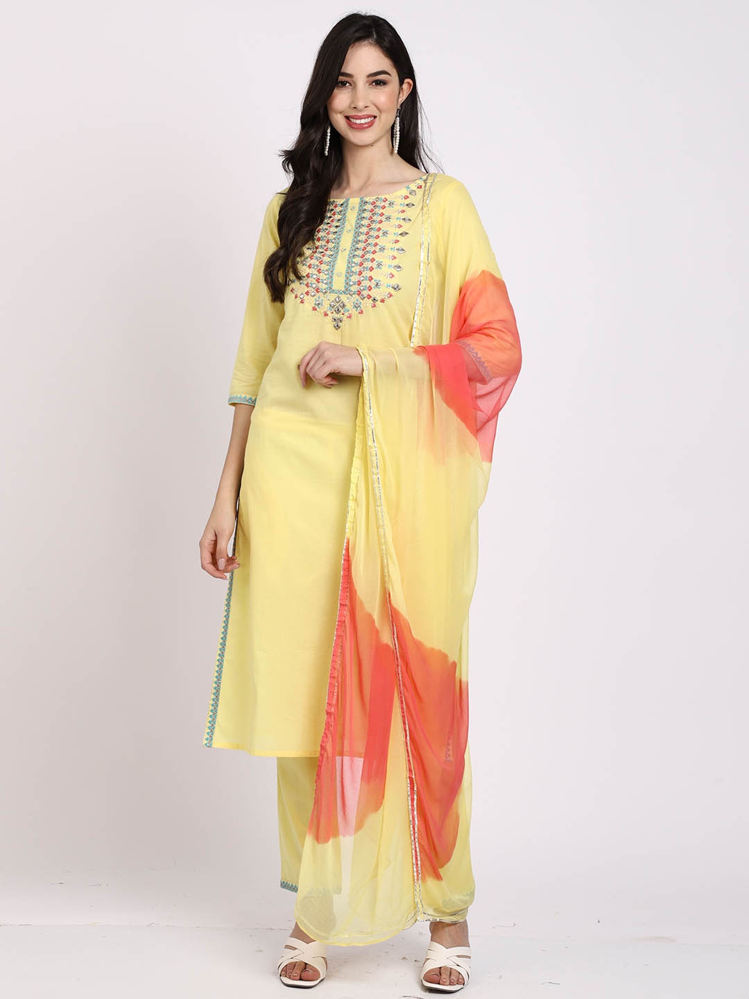 

Roly Poly Ethnic Yoke Design Regular Thread Work Pure Cotton Kurta With Trousers & Dupatta, Yellow