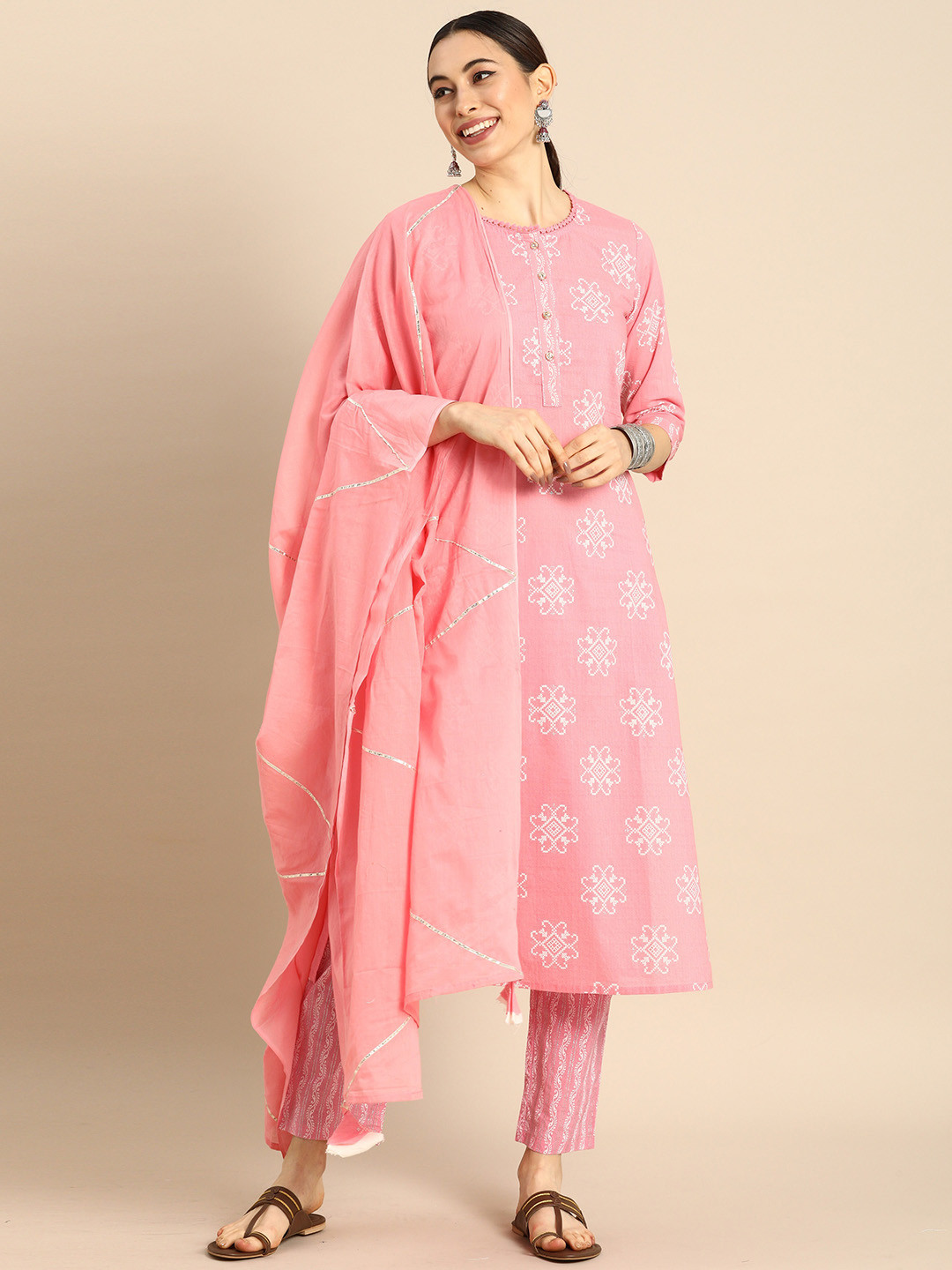 

Roly Poly Floral Printed Regular Gotta Patti Pure Cotton Kurta With Trousers & Dupatta, Pink