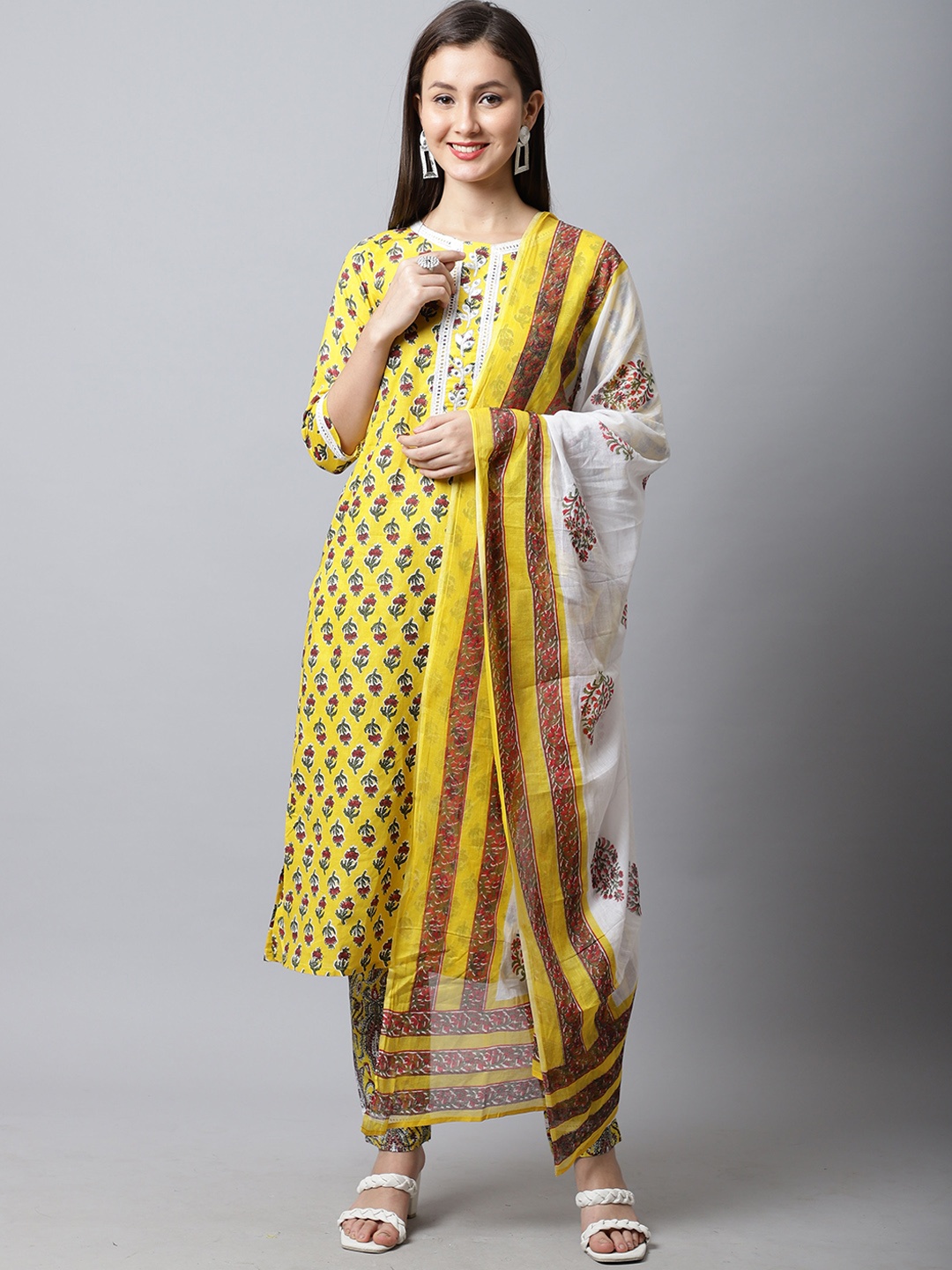 

Roly Poly Ethnic Motifs Printed Pure Cotton Straight Kurta & Trouser With Dupatta, Yellow