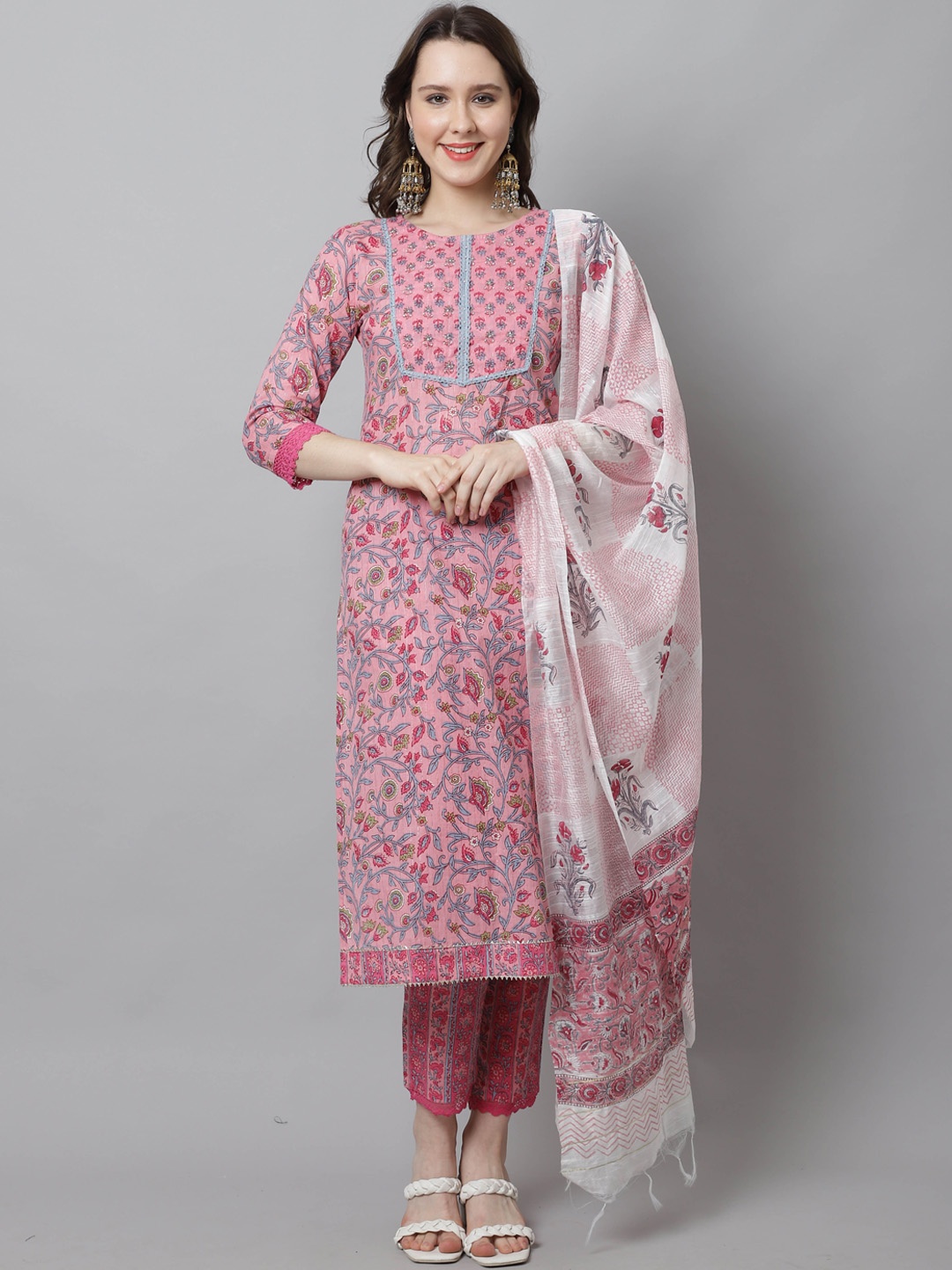 

Roly Poly Floral Printed Regular Beads & Stones Pure Cotton Kurta With Trousers & Dupatta, Pink